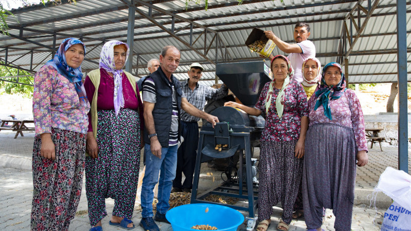 BÜYÜKŞEHİR’İN BADEM SOYMA MAKİNESİ DESTEĞİ İLE HASAT ZAMANI ÇİLE OLMAKTAN ÇIKTI